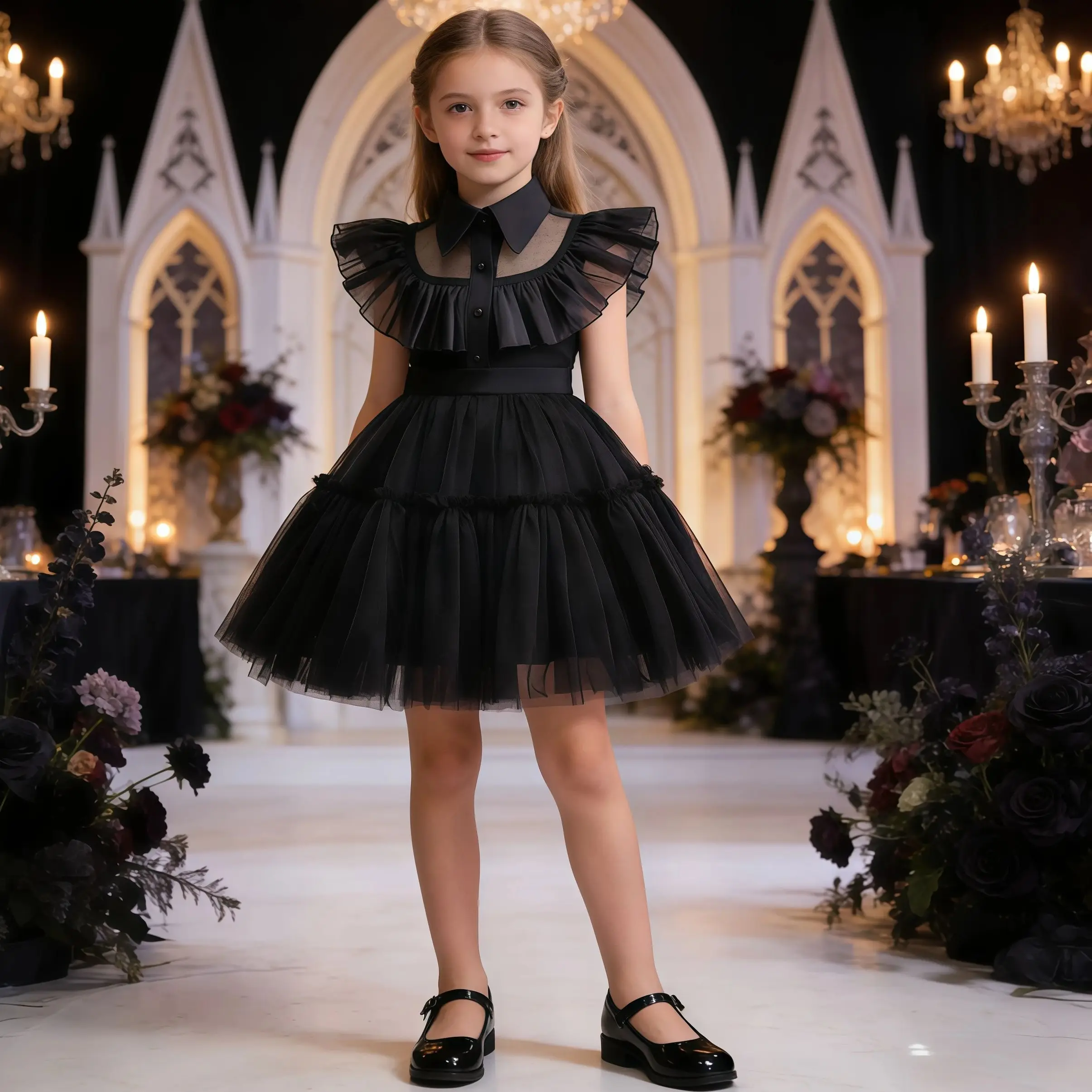Halloween Cosplay Carnival Girls Costume Cute Doll Collar Kids Black Gothic Dress For Children Prom Gown Birthday Party Outfits
