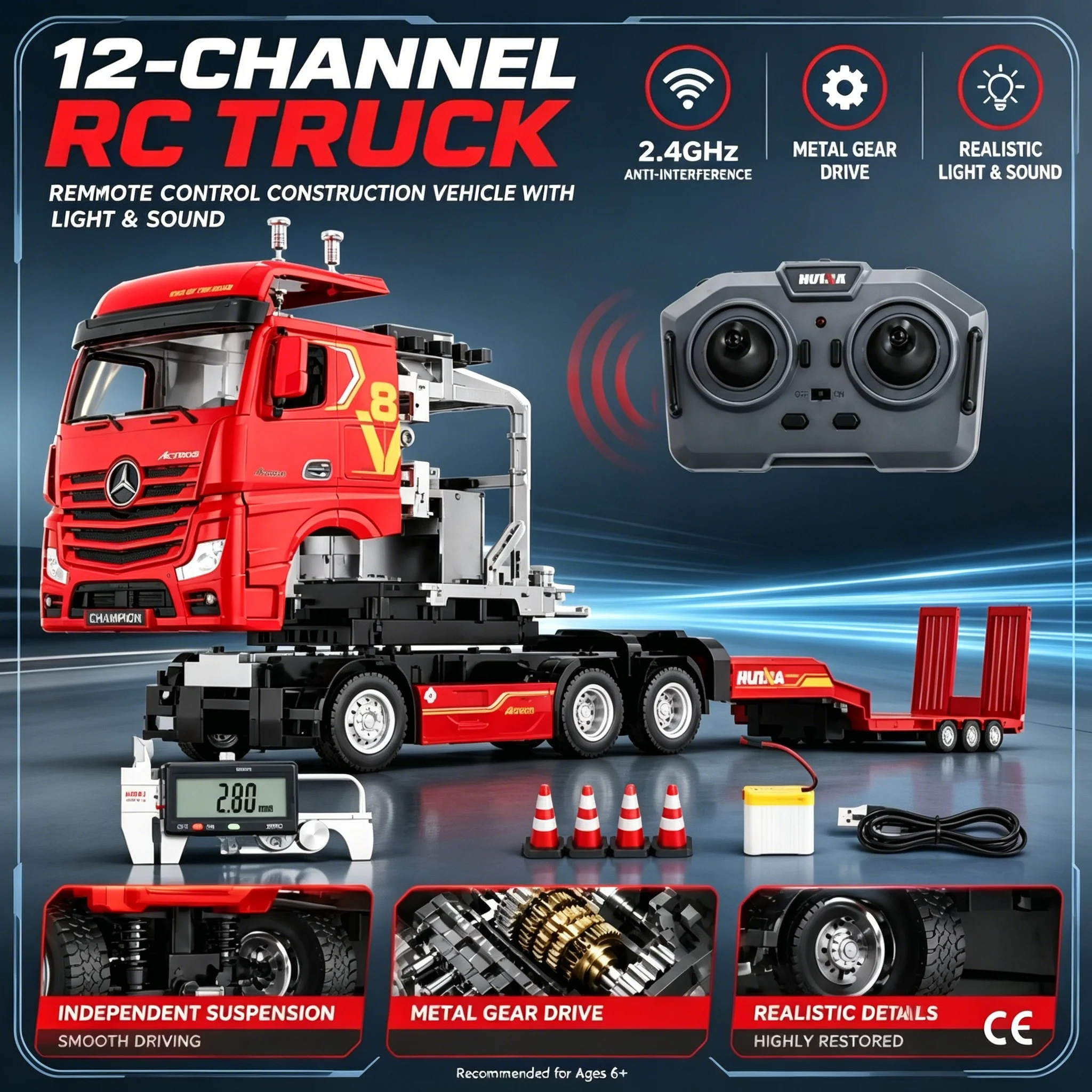 HUINA 9900 RC Car 1/64 12CH Mini Alloy Remote Control Flatbed Tractor Truck 2.4G Electric Engineering Trailer Vehicle Model Toys