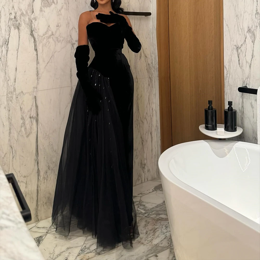 

Customized A-line Evening Dresses Floor-length Strapless Full Sleeve Prom Gown Fashion Sequined Simple Draped Party Gown