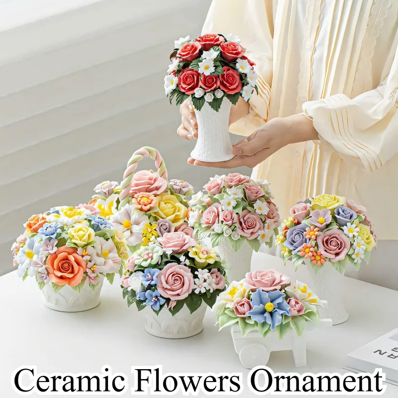 Handmade Ceramic Flowers Ornament Handheld Flower Intangible Cultural Heritage Ceramic Lily Rose Flowers Home Desk Decoration