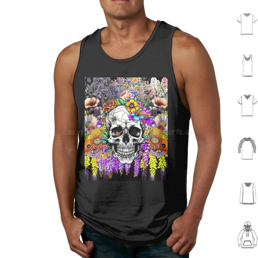 Gardeners' Skull Tank Tops Print Cotton Skull Flower Moth Spider Orange Red Blue Purple Yellow Green Wisteria Poppy Rose