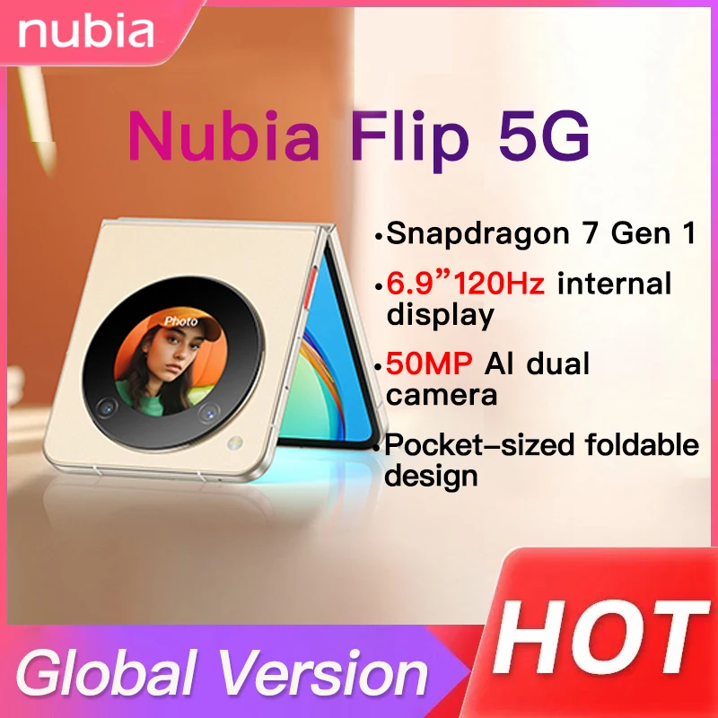 Globalna wersja Nubia Flip 5G Telefon 50 MP AI Podwójny aparat 6.9” Snapdragon 7 Gen 1 120 Hz 4310 mAh Bateria 33 W Szybkie ładowanie telefonu