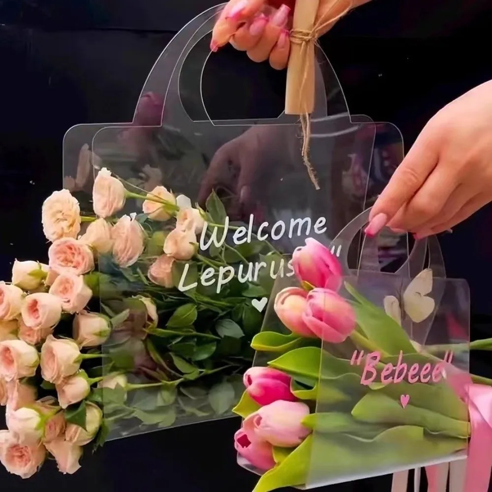 3 Pieces Transparent PET Flower Bouquet Bag with Handle Waterproof Flower Packing Bag Integrated Romantic Gift Container - view 5