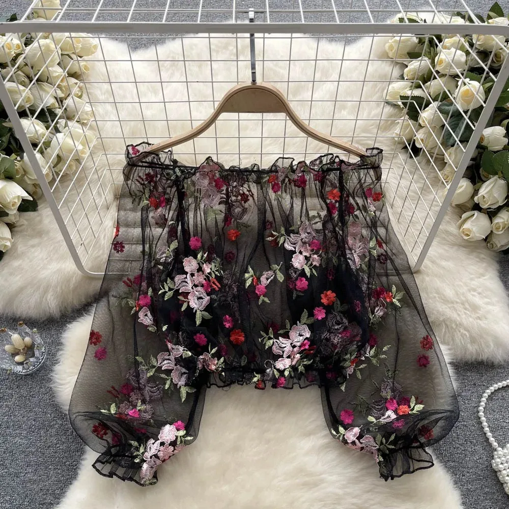 

Elegant Chiffon Mesh Puff Sleeve Slash Neck Blouse Chic Korean Fashion Top Women Slim Spring Autumn Casual Slim Lace Shirts