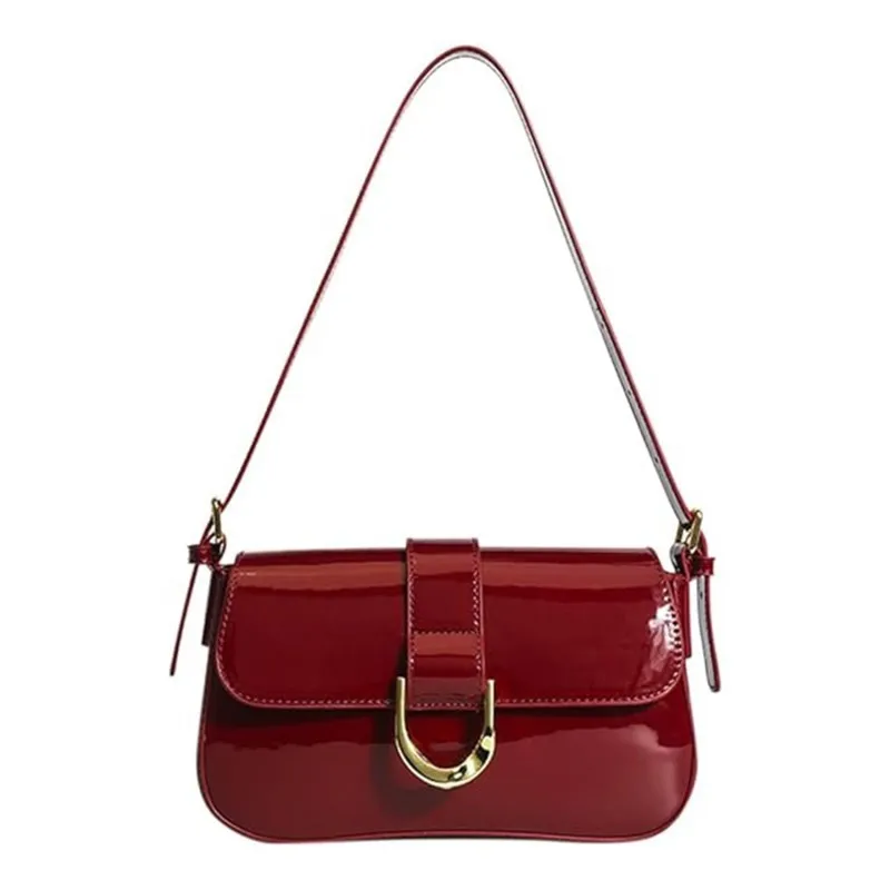 Retro torba na ramiฤ ze skรณry lakierowanej dla kobiet luksusowa klapa Crossbody jednokolorowa pod pachami czerwona torebka damska