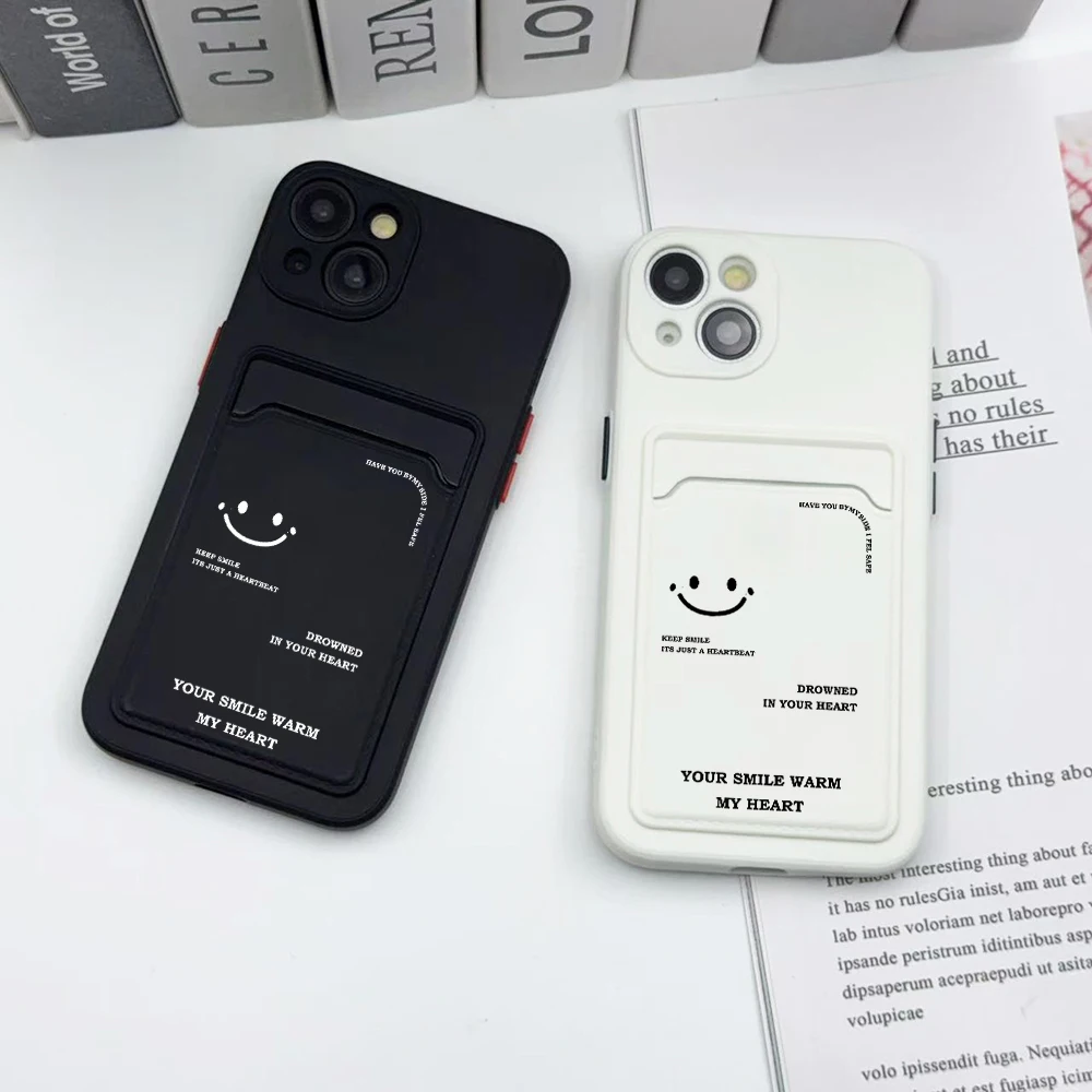 Cute Smile expression Wallet Card Phone Case For iPhone 12 13 14 15 Pro Max 16Plus Smiley Face Phiz White Silicone Back Cover