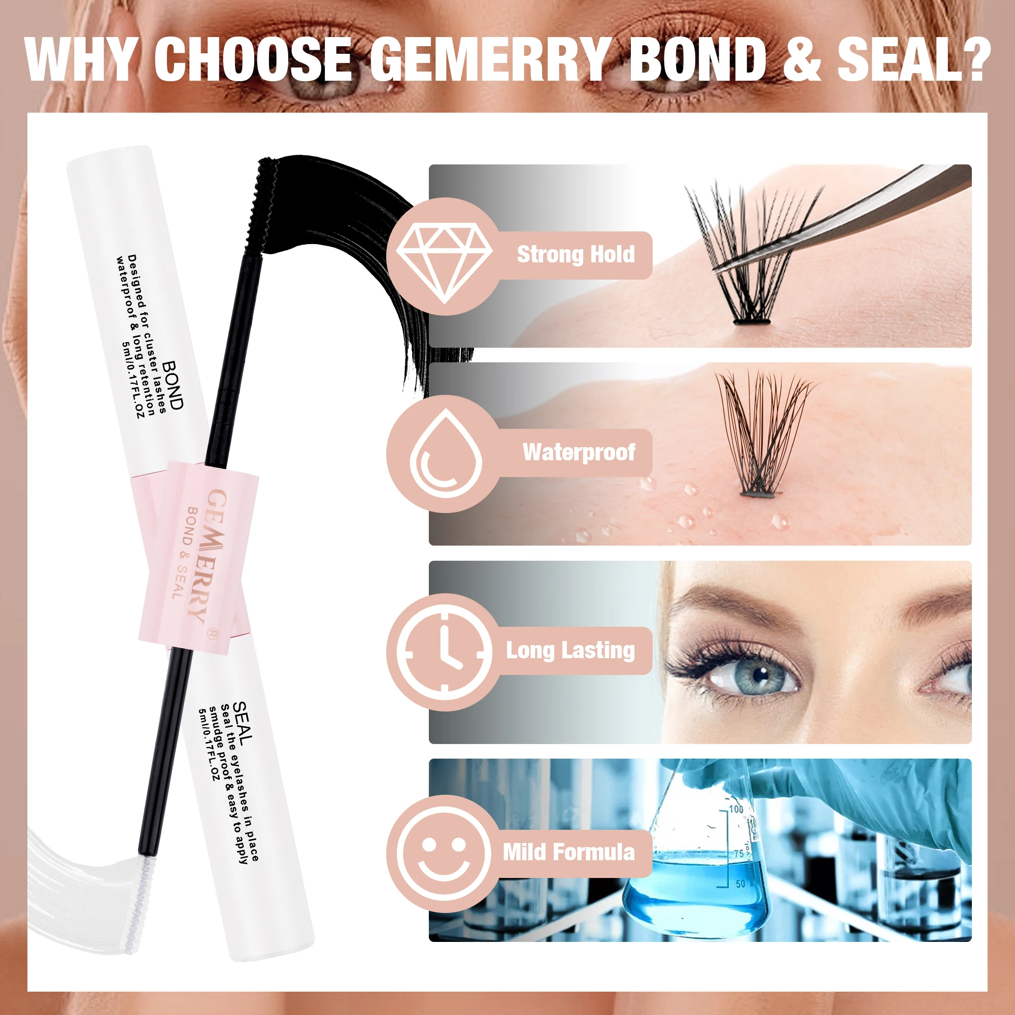 GEMERRY Lash Bond and Seal Cluster Lash Glue 2in1 for DIY Eyelash Extension Long Retention Waterproof Glue for Lash Clusters 5ml