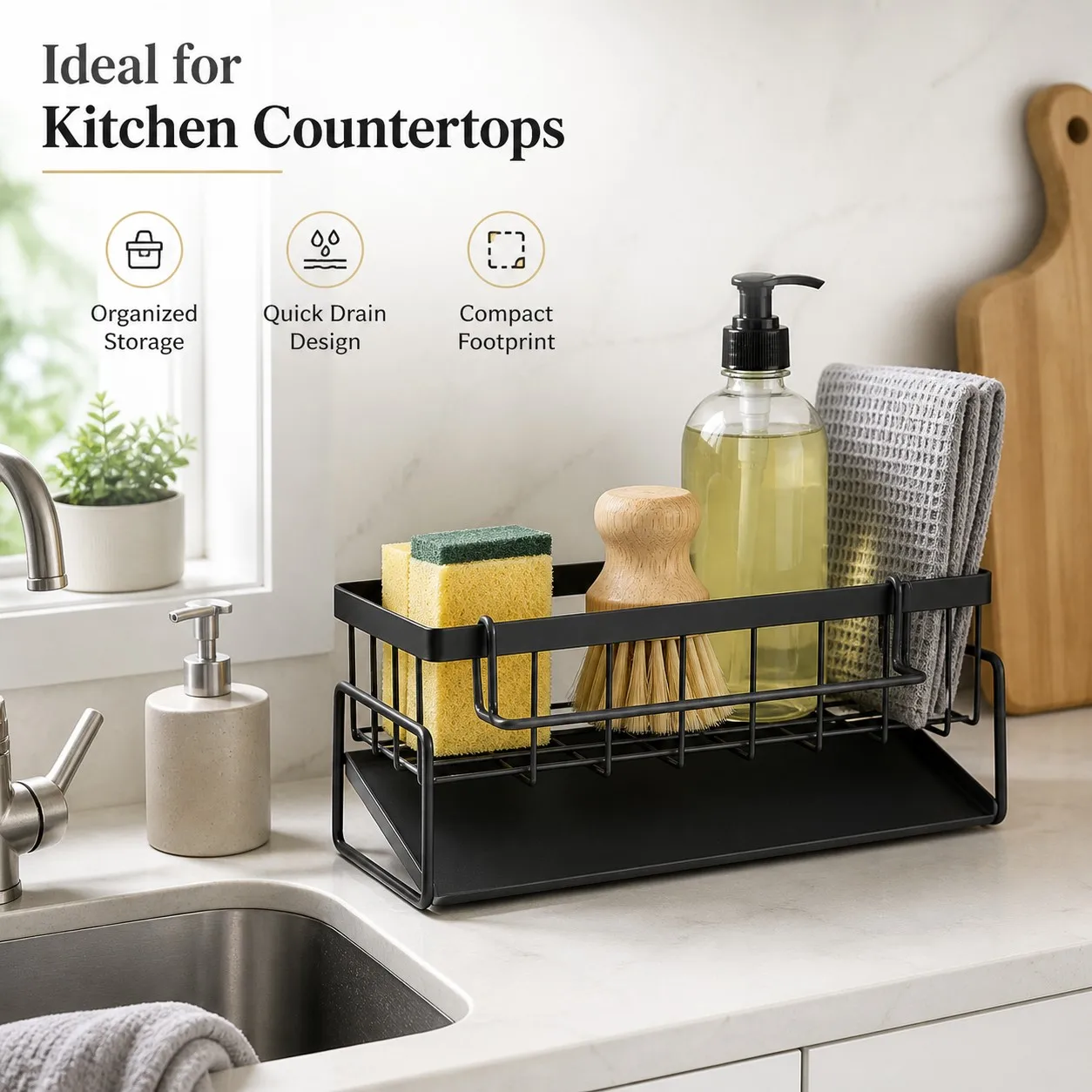 Metal Kitchen Sink Organizer Heavy Duty Caddy Countertop Sponge Holder with Drain Tray for Dish Soap and Scrubber Storage