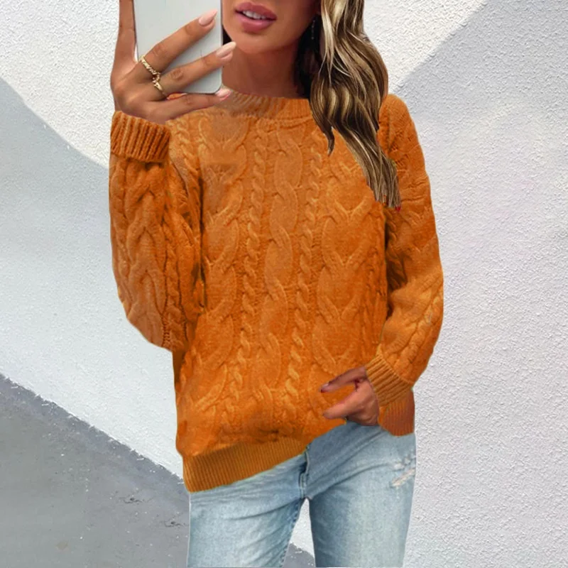 Jersey de punto para mujer, jersey de manga larga con cuello redondo, color café, naranja, beige, holgado, Otoño e Invierno