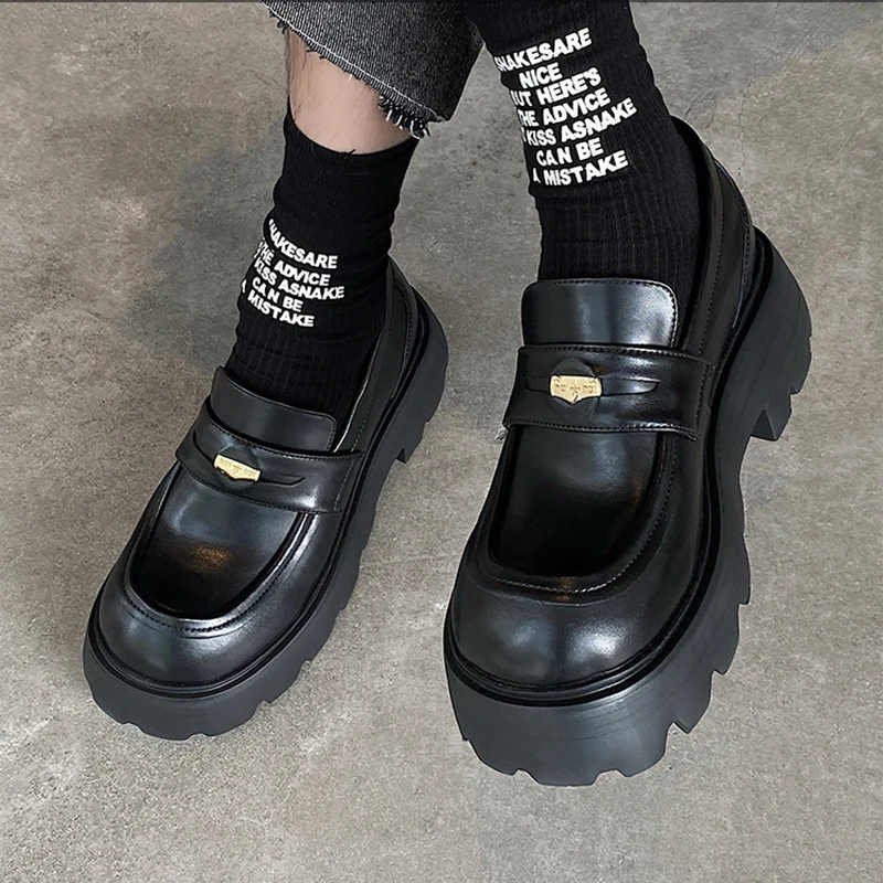 

Invisible height increase of 10CM loafers leather shoes for men breathable gold coins couple's derby high-end dress formal shoes