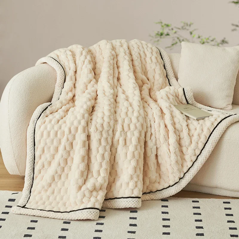 Nordic Double-Layer Thick Coral Fleece Blanket Keep Warm and Super Soft Sofa Nap Cover Queen King Quilt with Velvet for Winter
