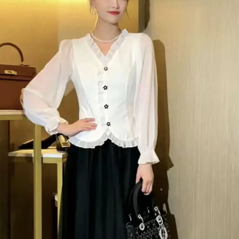 New Spring and Autumn Fashion Solid Lace V-neck Ruffle Edge Panel Long Sleeve Temperament Commuter Women's Slim Fit Top