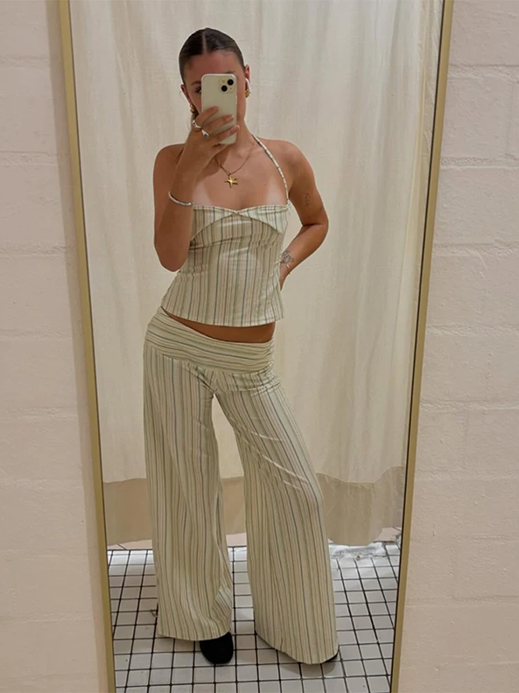 

Полосатый комплект из двух предметов, женский комплект брюк, топ без рукавов с открытой спиной, комплекты брюк с высокой талией, женская новая уличная одежда, пляжная одежда
