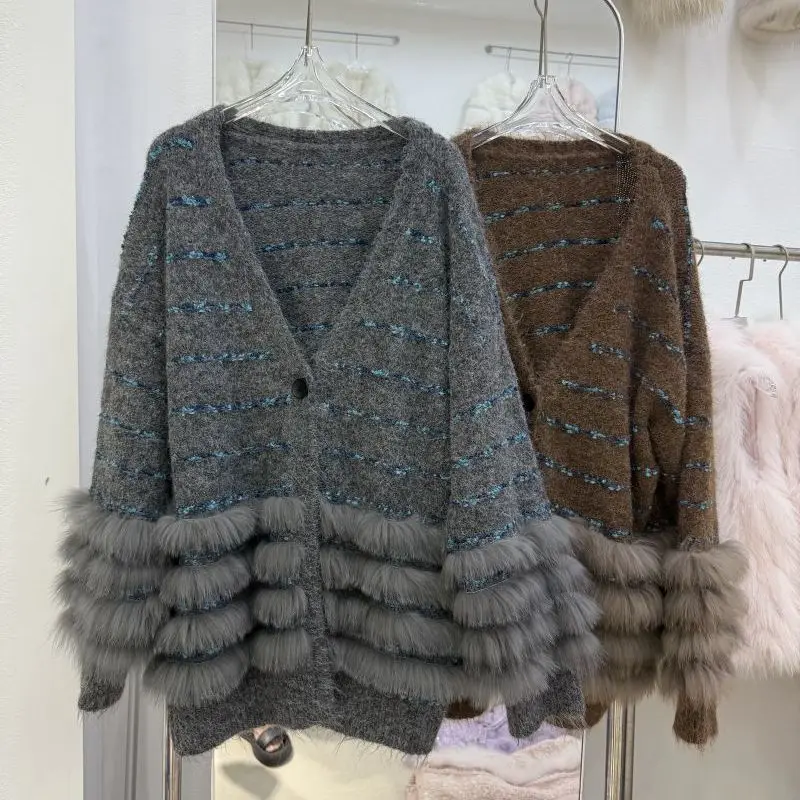 Autumn Winter Women Imitation Fox Fur Striped Sweater Coat Medium Long Knitted Cardigan Faux Mink Fur Decor Jacket V-neck Tops