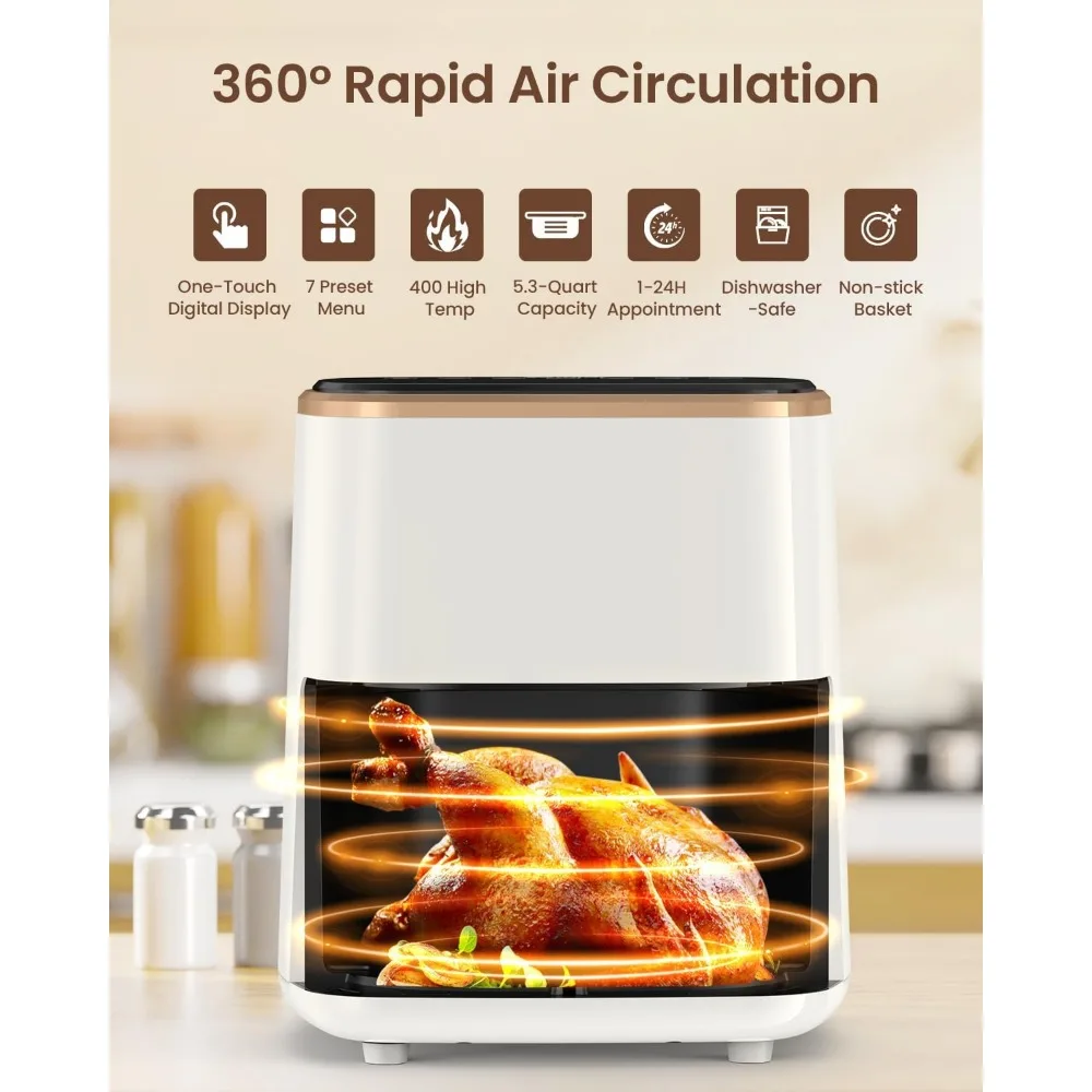 หม้อทอด Air fryer 5.3Qt พร้อมหน้าต่างการดูเตาอบทอดขนาดใหญ่7แบบที่กำหนดเองพร้อมหน้าจอสัมผัสดิจิตอลอัจฉริยะหม้อทอด Air fryer ไม่ติด