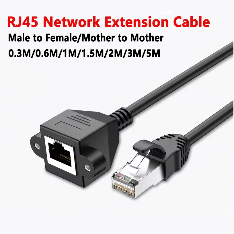 RJ45 Network Extension Cable Male-to-Female Extension Cable with Screw Holes for Panel Mounting, Ensures Secure Installation