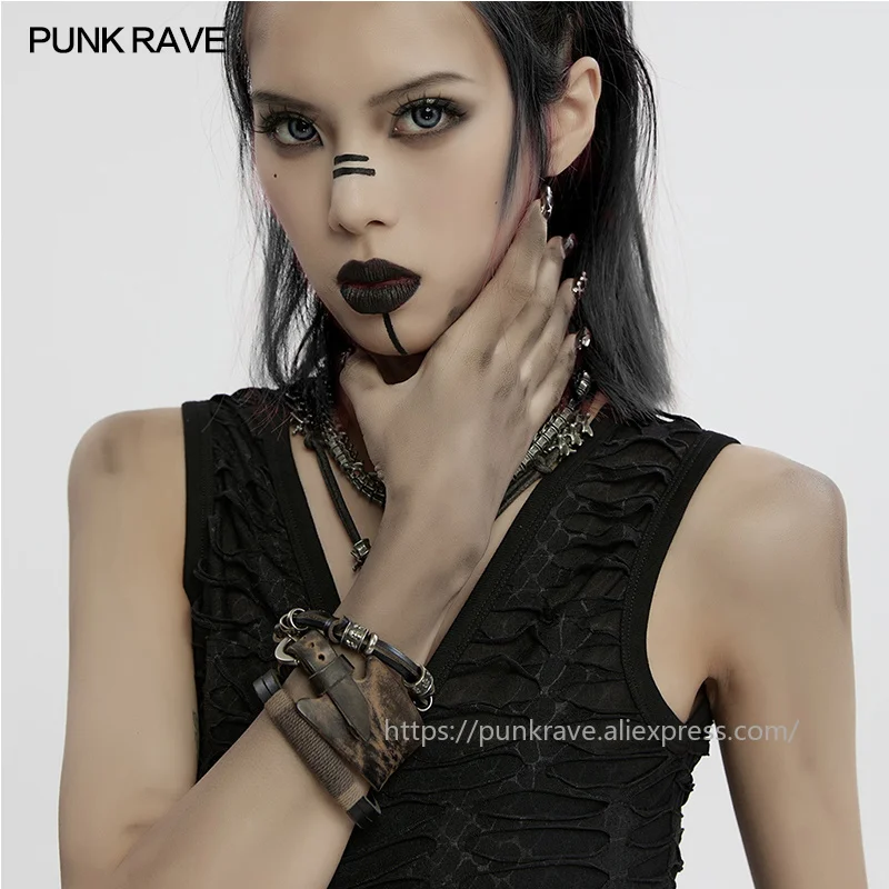 PUNK RAVE Women's Punk Vintage Textured Cowhide & Metal Bracelet Set Skull Beads Nostalgic Retro Vibe Three  Accessories