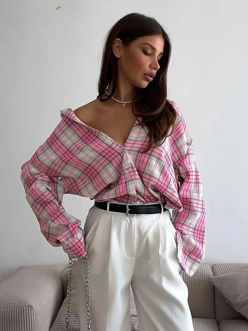

Модная свободная женская рубашка в клетку для офиса, винтажная блузка с отложным воротником и длинным рукавом, элегантная классическая блузка-топ, женская одежда