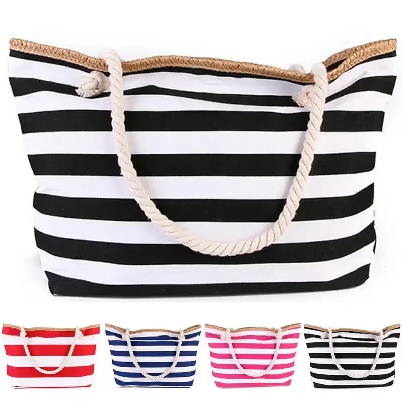 Bolsa de ombro listrada de grande capacidade para mulheres, sacola de praia, lona, moda verão, LVX-01, nova