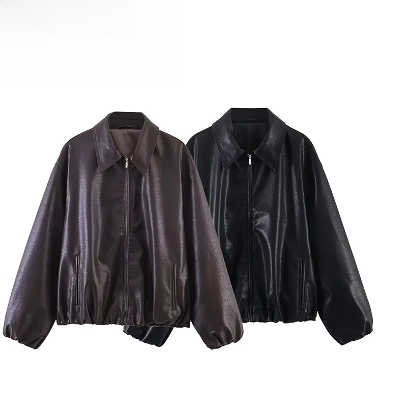 

Модная универсальная женская кожаная куртка ZR в уличном стиле, стандартный крой, с длинными рукавами, на молнии, из искусственной кожи