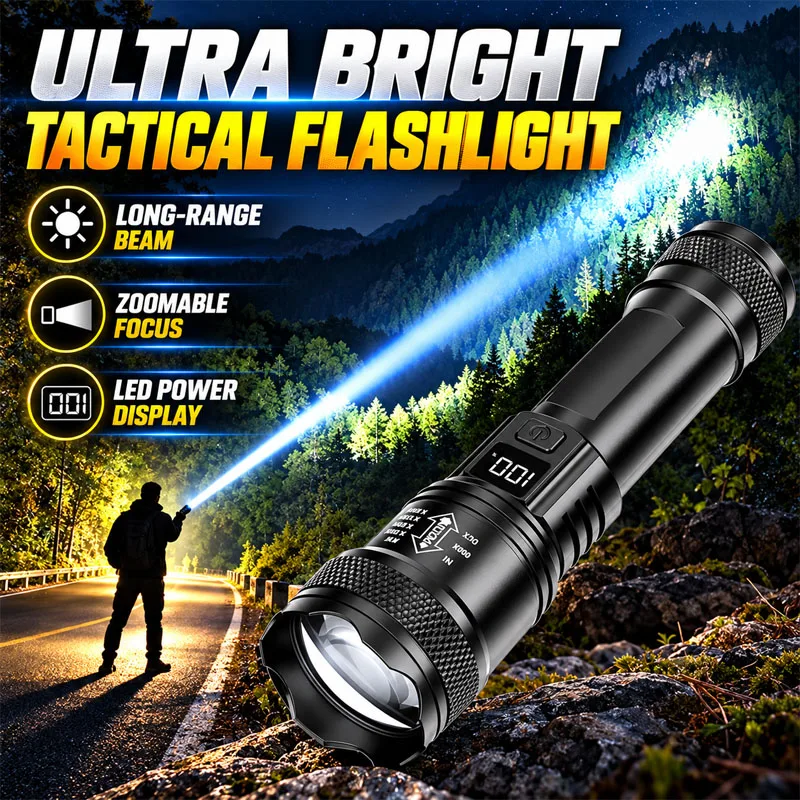 Super Bright Long Range Flashlight Zoomable Focus Design Digital Power Screen USB Rechargeable Aluminum Torch for Night Walking