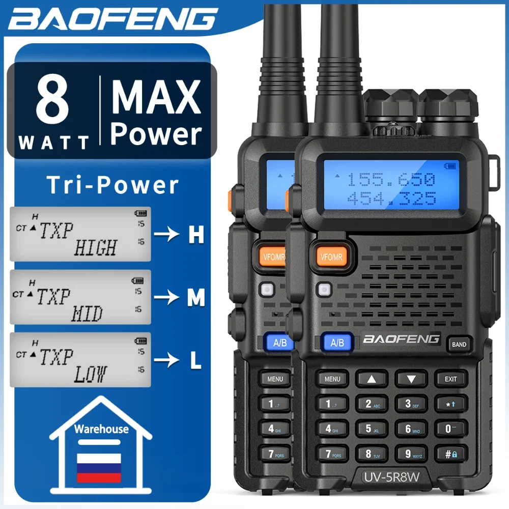 วิทยุสื่อสาร Baofeng 2ชิ้น UV-5R ยาว8W, เครื่องส่งรับวิทยุแบบ Dualband สองทางวิทยุ VHF /uhf สองทางวิทยุ FM