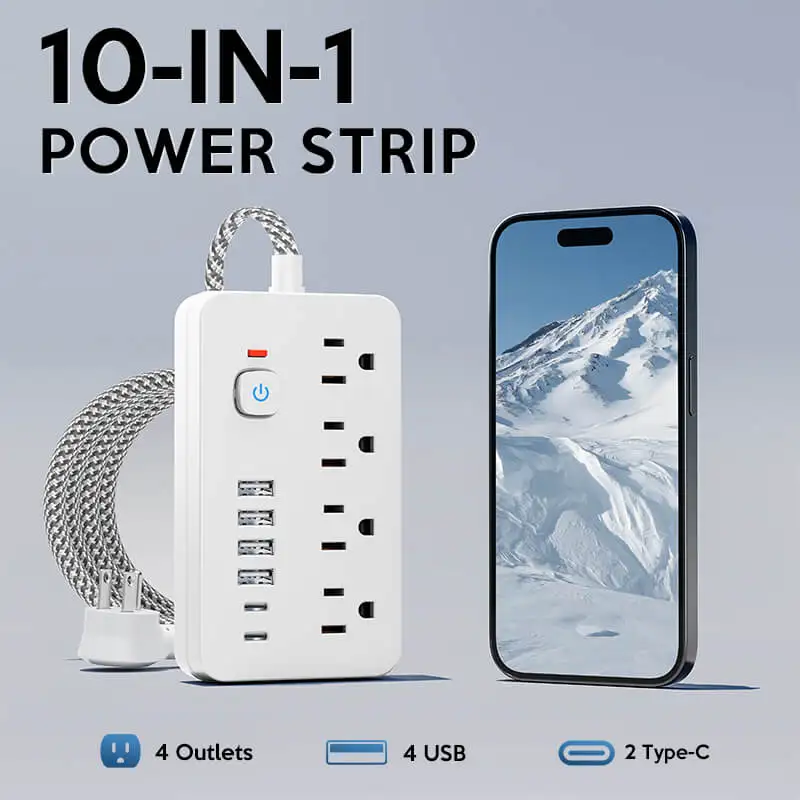 Versatile 10-in-1 Power Hub with Surge 5ft Protection - Includes 4 AC Outlets, 4 USB Ports & Dual Type-C