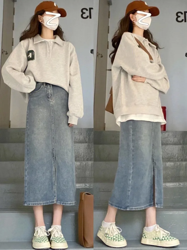 

High Waist A-Line Skirt Women's Spring Summer Denim Split Casual Breathable Korean Style Commute Slimming Hip Covering