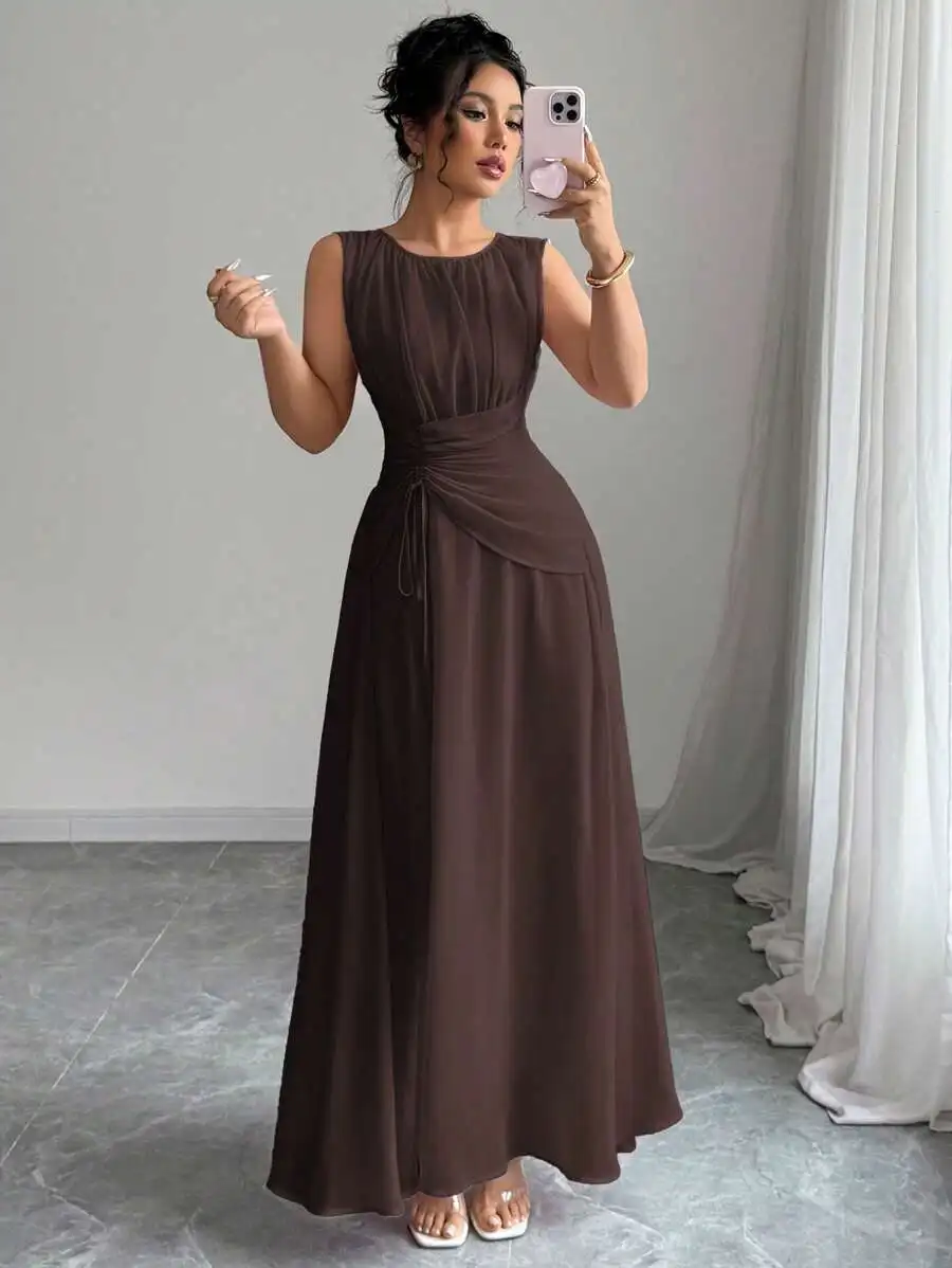 Women Mint Green Sleeveless Chiffon Maxi Dress With Drawstring Waist Elegant French Vintage Style view 6