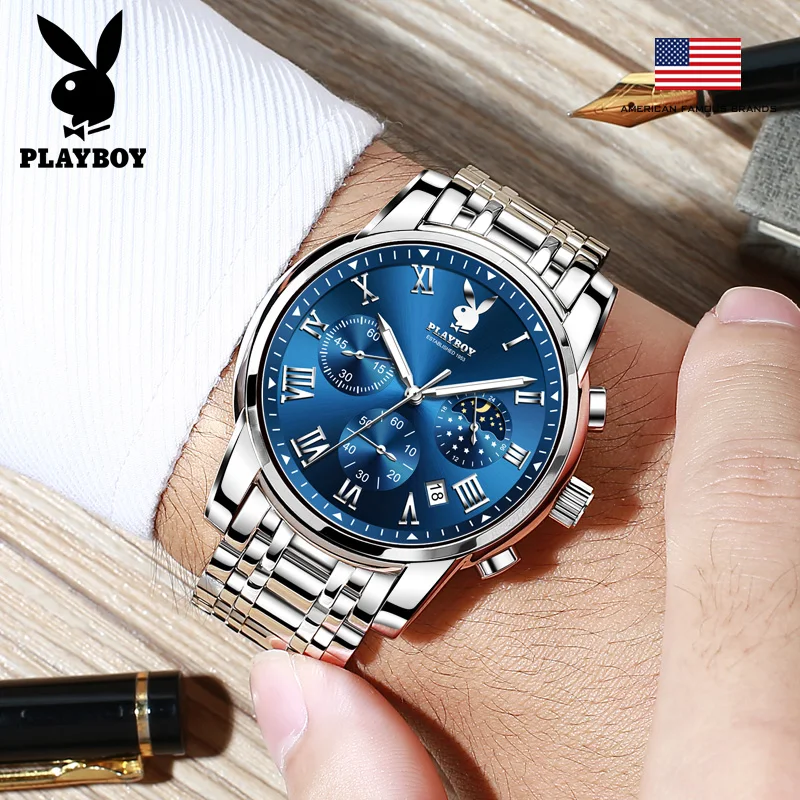 PLAYBOY Top Brand Classic Man Watch Stainless Steel Waterproof Quartz Wrist Watch Men Casual Business High Quality Men\'s Watches