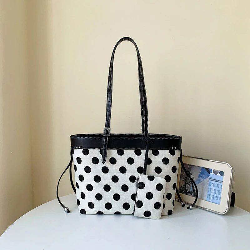 Korean Pu Striped Polka Dot Tote Bag Zippered Opening Closing Inner Sticker Shoulder Bag Autumn Winter Simple Fashionable Bag