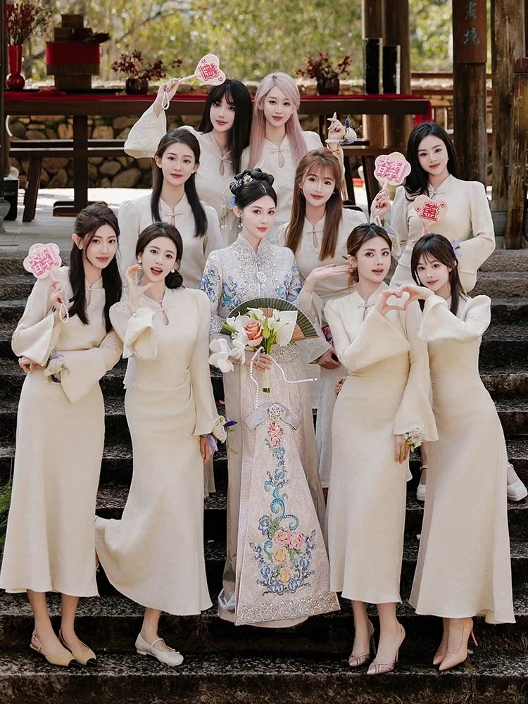 

Maids of Long Sve Fi Tail Wedding Dres 2026 New Sle Fairy T Sister up Gowns Women's High End Sensation