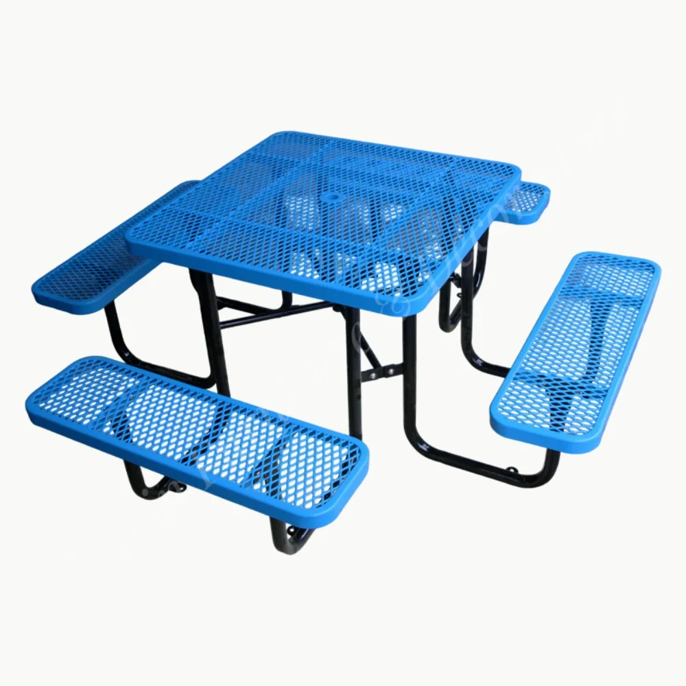 Outdoor Commercial Metal Picnic Dining Table Garden Furniture Set Steel Outside Patio External Cafe Table with Umbrella Hole
