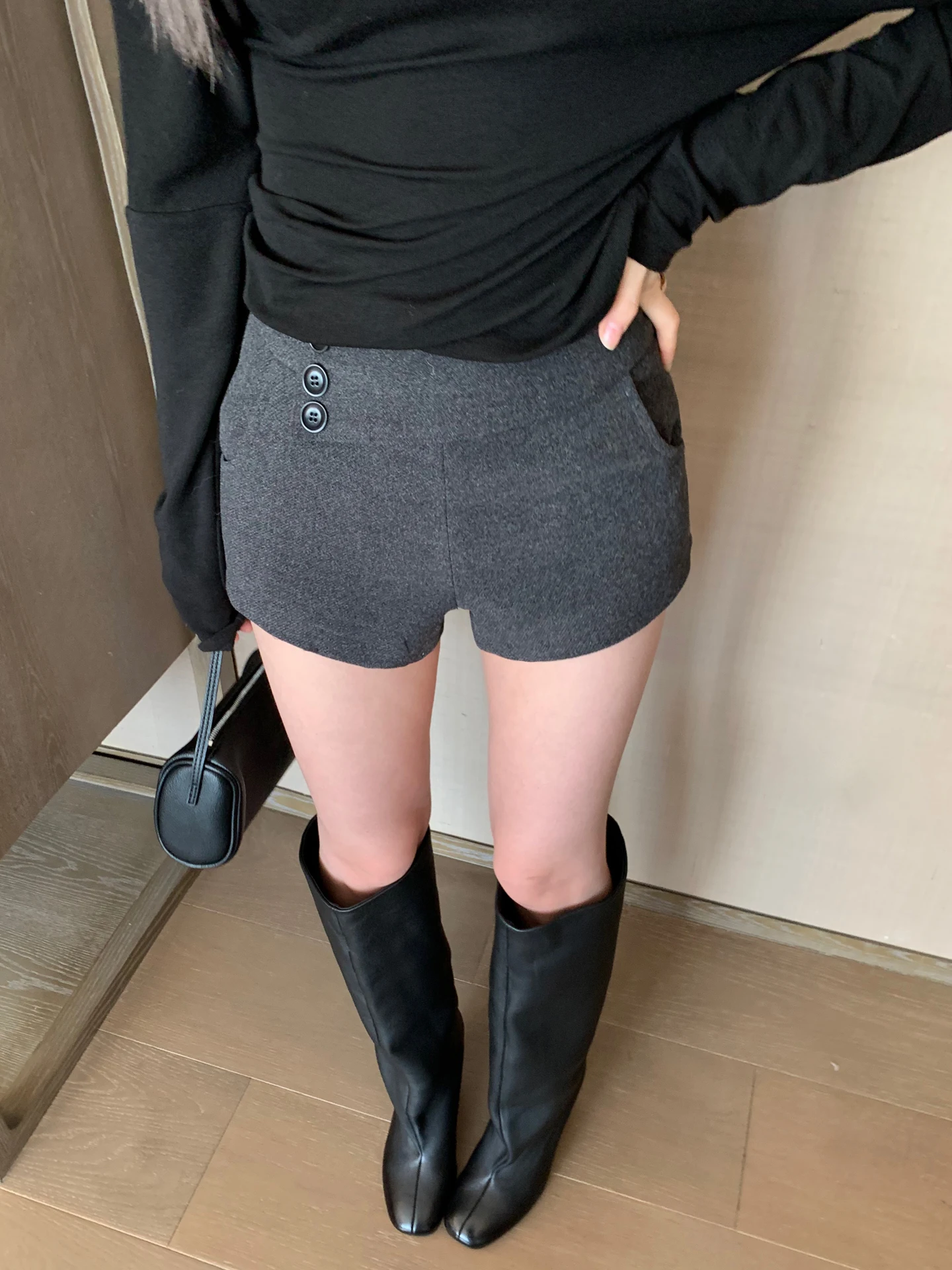 

Женские шерстяные шорты Buleng с высокой талией на пуговицах, зимние укороченные брюки для похудения, повседневные женские брюки премиум-качества