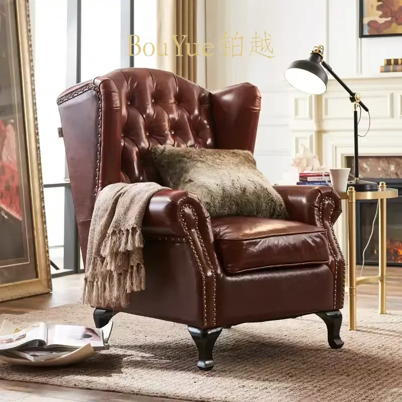 Luxury American Vintage Chesterfield Armchair High Back Tufted Button Roll Genuine Leather Sofa Chair for Bedroom Living Room