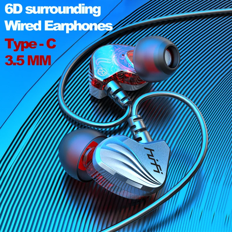 

HIFI 6D in-ear Wired Headphones Surround Bass 3.5mm Type C Earphone Sports Gamer Waterproof Headset Handfree Earbuds for Samsung