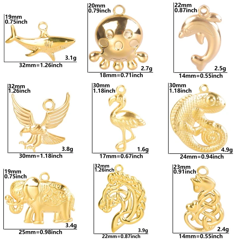 5PCS Gold Colour DIY Animal Pendants Made Of Stainless Steel Materials Handmade DIY Jewelry Charm Necklace Accessories
