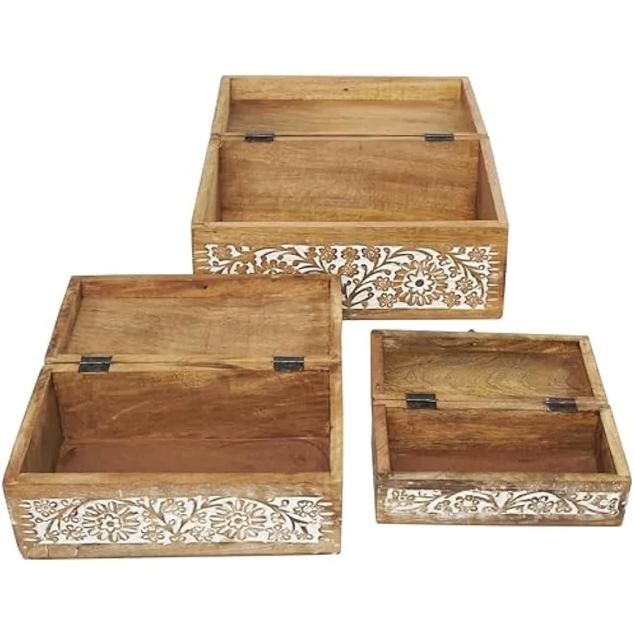 Deco 79 Mango Wood Floral Decorative Box Decorative Keepsake Boxes with Hinged Lid Set of 3 Storage Boxes 8