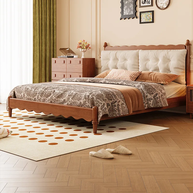 

French retro solid wood antique master bedroom large soft bag double bed simple American bedroom