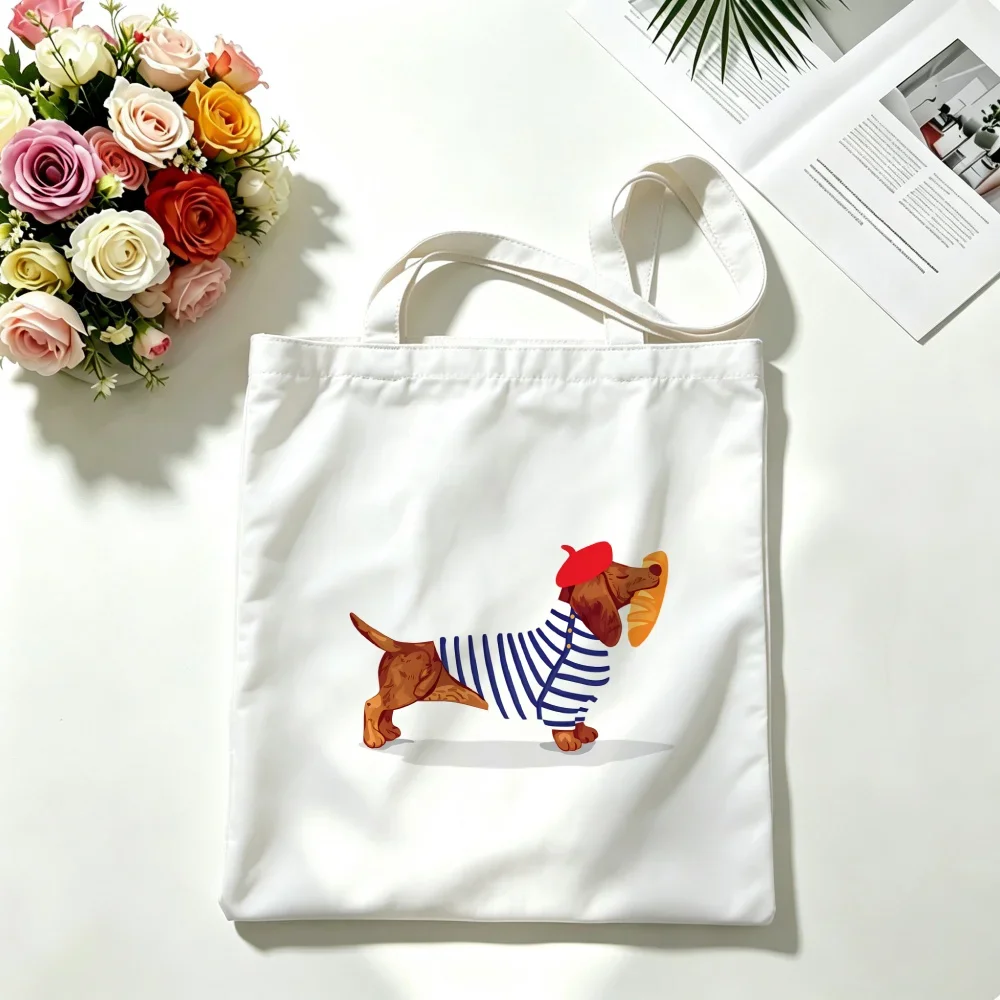 French Dachshund Tote Bag Daily Shopping Shoulder Handbag Cute Dog Baguette Print Bakery Cafe Picnic Breakfast Travel Purse
