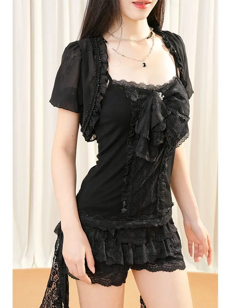 Coalfell Ballet Dream Spicy Girl Design Sense Bow Fold Top Unique Shorts Look Thin Summer 3-Piece Set