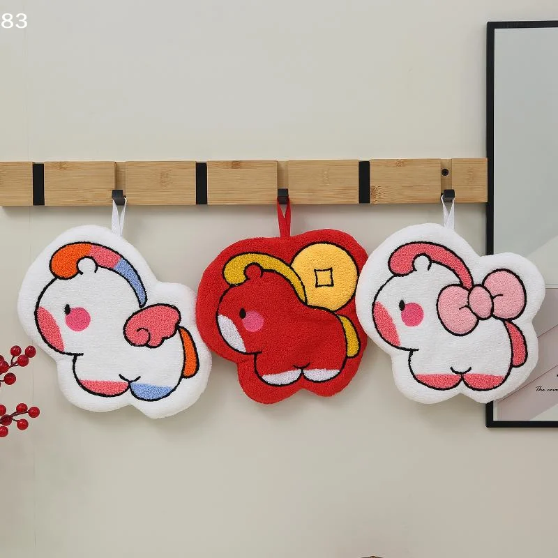 Toalla de Mano de Felpa de Coral con Diseño de Pony de la Suerte de Año Nuevo, Mascota de Caballo, Toalla de Cocina y Baño Gruesa y Absorbente, Toalla Colgante, Regalo Festivo