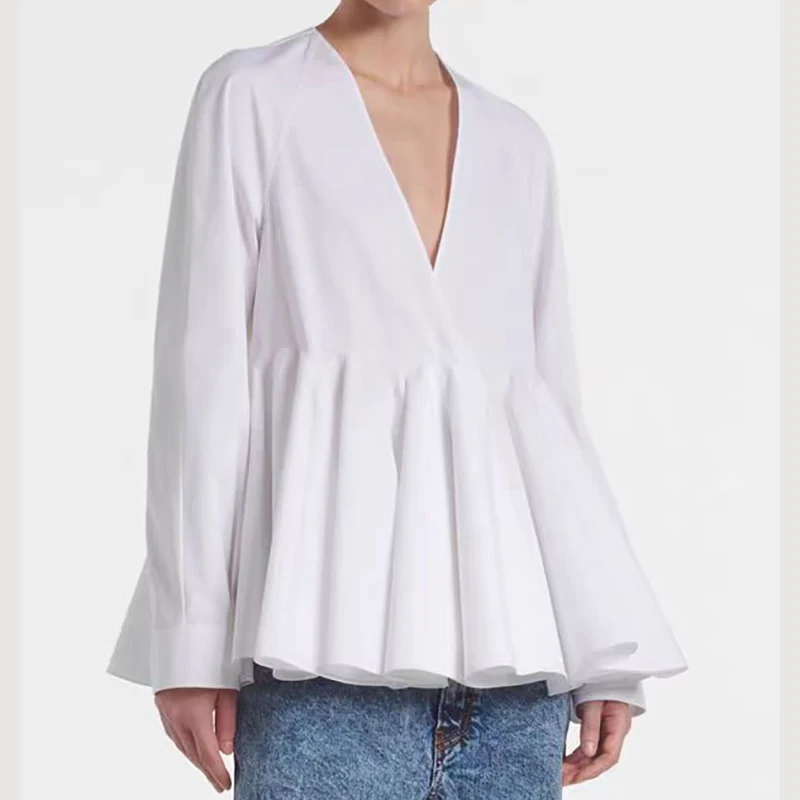 

Women's shirt New pleated slim fit V-neck long sleeved top for summer 2025 100% cotton Women's blouse y2k casual tops for woman