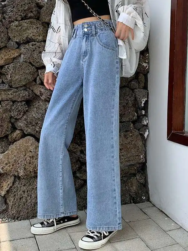 

High Waist Wide Leg Straight Loose Slimming Jeans for Women Autumn Winter Cleanfit Sle mid Elastici PU Fabric