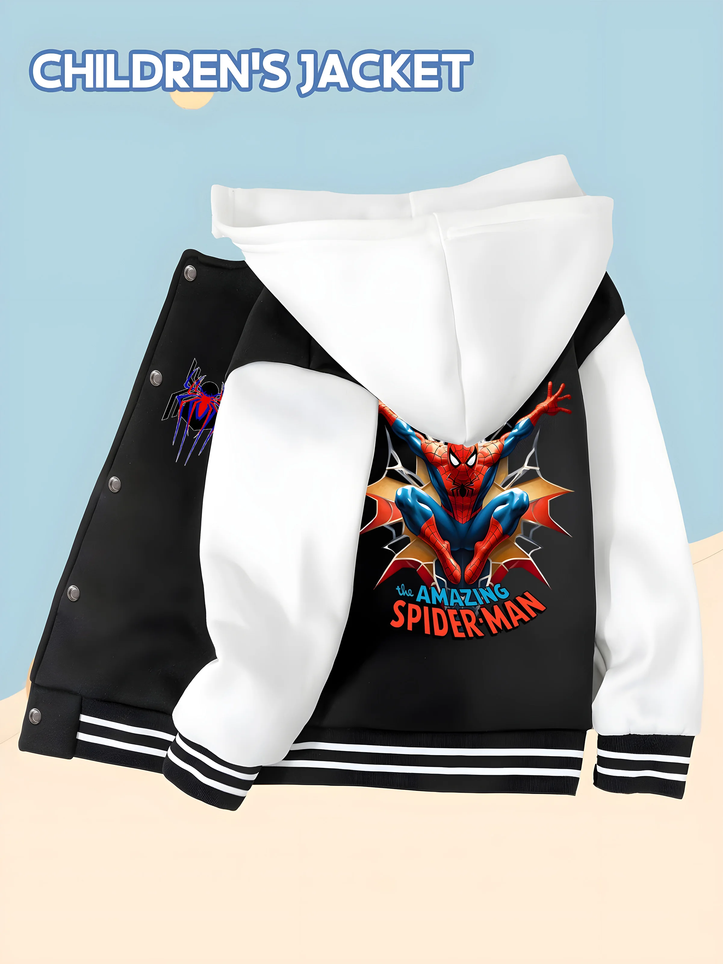 

MINISO Marvel Spider-Man Wall-breaking Children's Baseball Jacket - Trendy black and white, soft skin-friendly fabric, autumn an