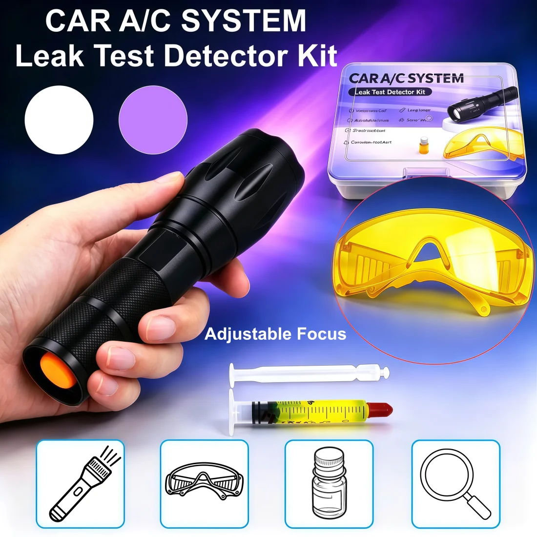 ‌Zoom Adjustable Focus Purple Or White Flashlight Waterproof Car A/C System Leak Test Detector Kit  Glasses UV Dye Repair Tool