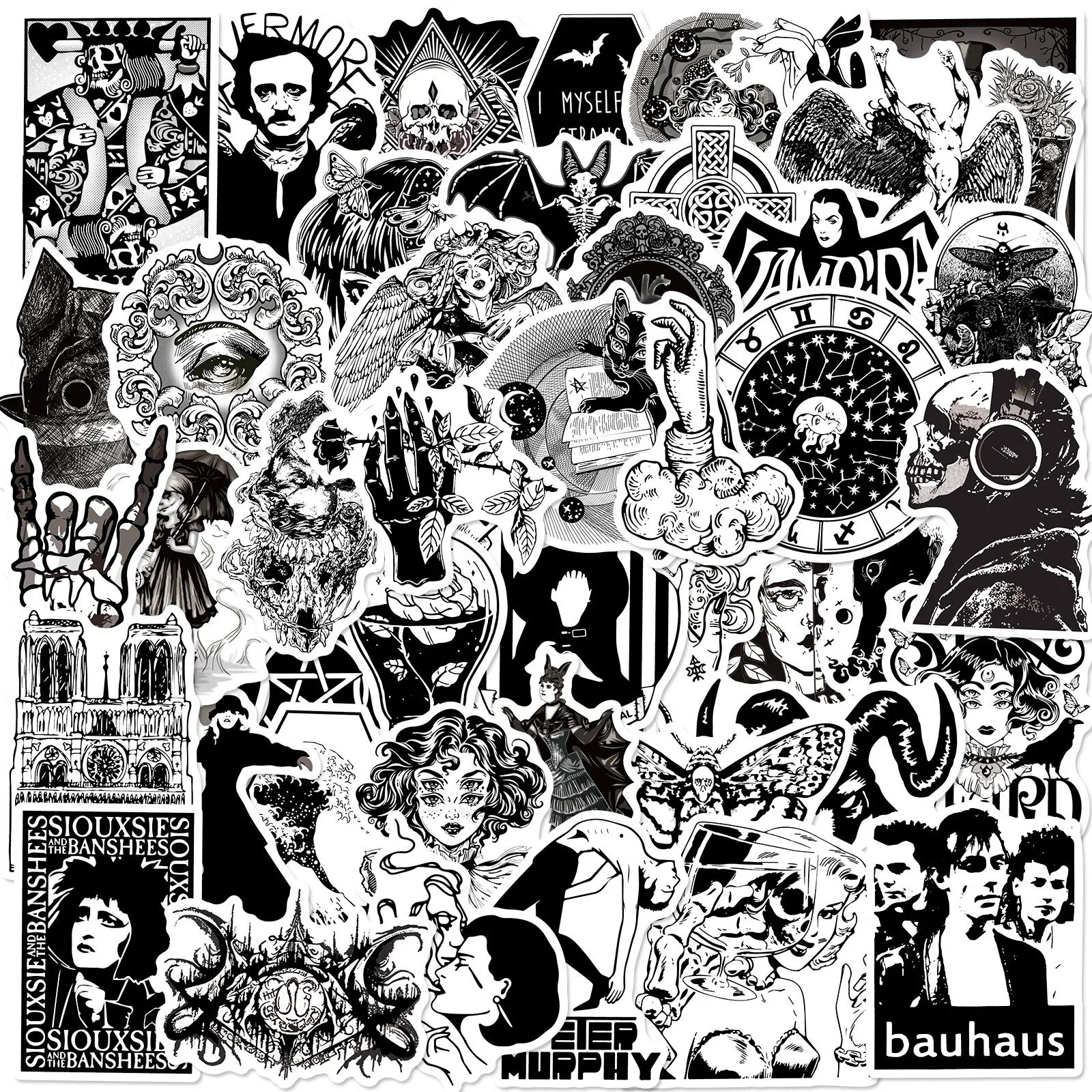 50pcs Cheap Welfare Black and White Gothic Series Graffiti Stickers Suitable for Desktop Wall Decoration DIY Sticker Pack