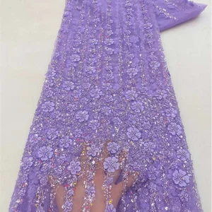 نسيج الدانتيل الأفريقي مع 3D زهرة مطرزة الترتر الخرز تول حزب اللباس عالية الجودة 2024 أعلى 12 مبيعات 3D النسيج - No5