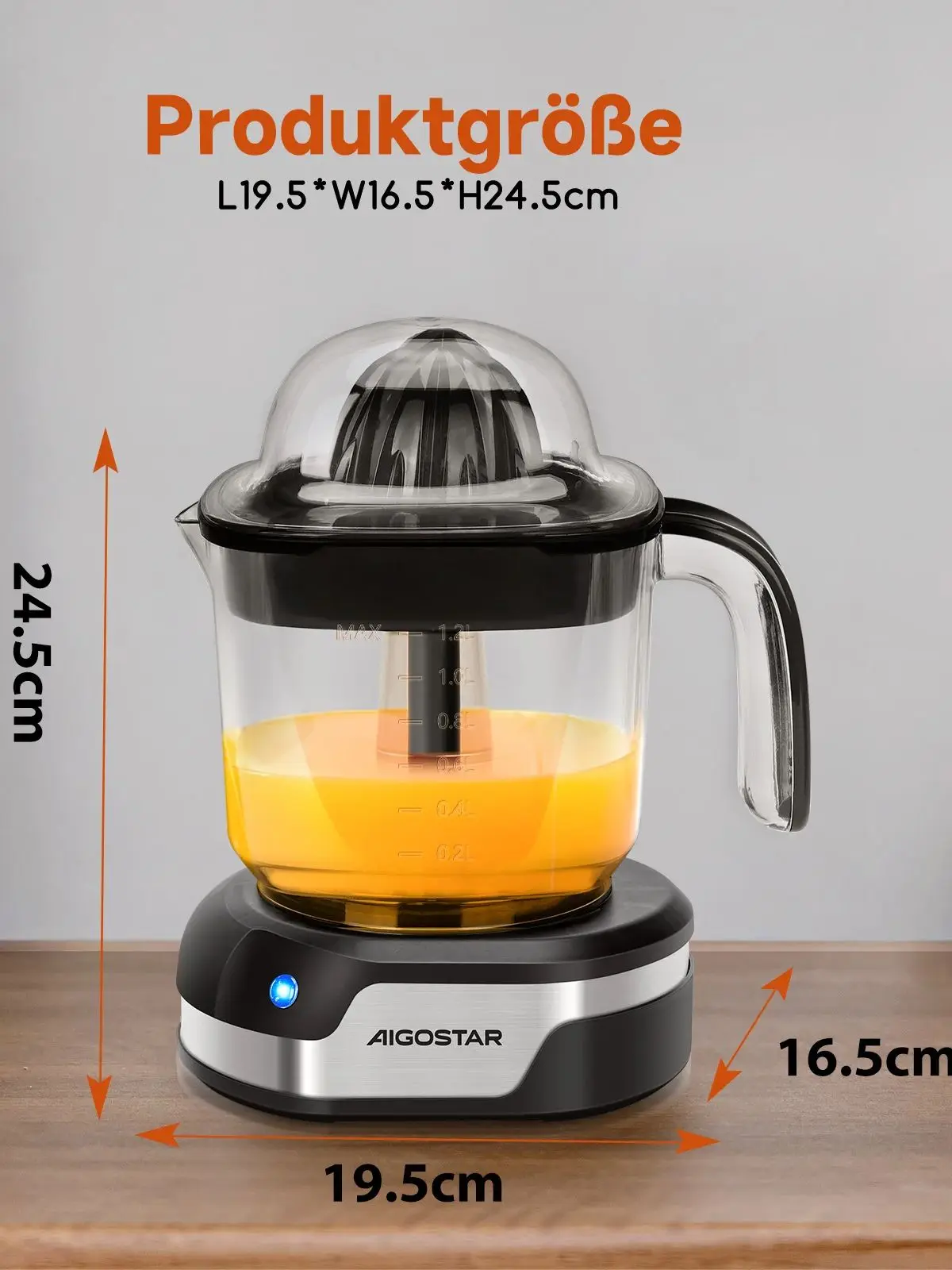 Aigostar Elektrische Zitruspresse, 1,2L Großes Volumen, Saftpresse mit LED-Arbeitslampe und 2 abnehmbaren Kegeln, Zitronenpresse für Orange Zitrone Limette Grapefruit, Spülmaschinenfest，40 W