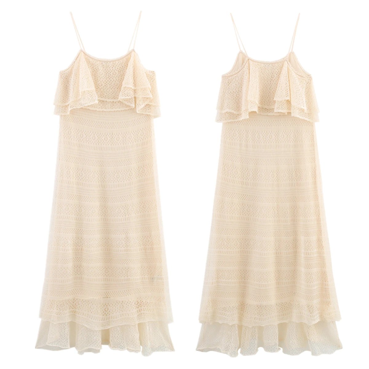 

Dave&Di French Retro Beige Layered Crochet Jacquard Dress Women Summer Minimalist Fashion Ladies Elegant Suspender Dress Female